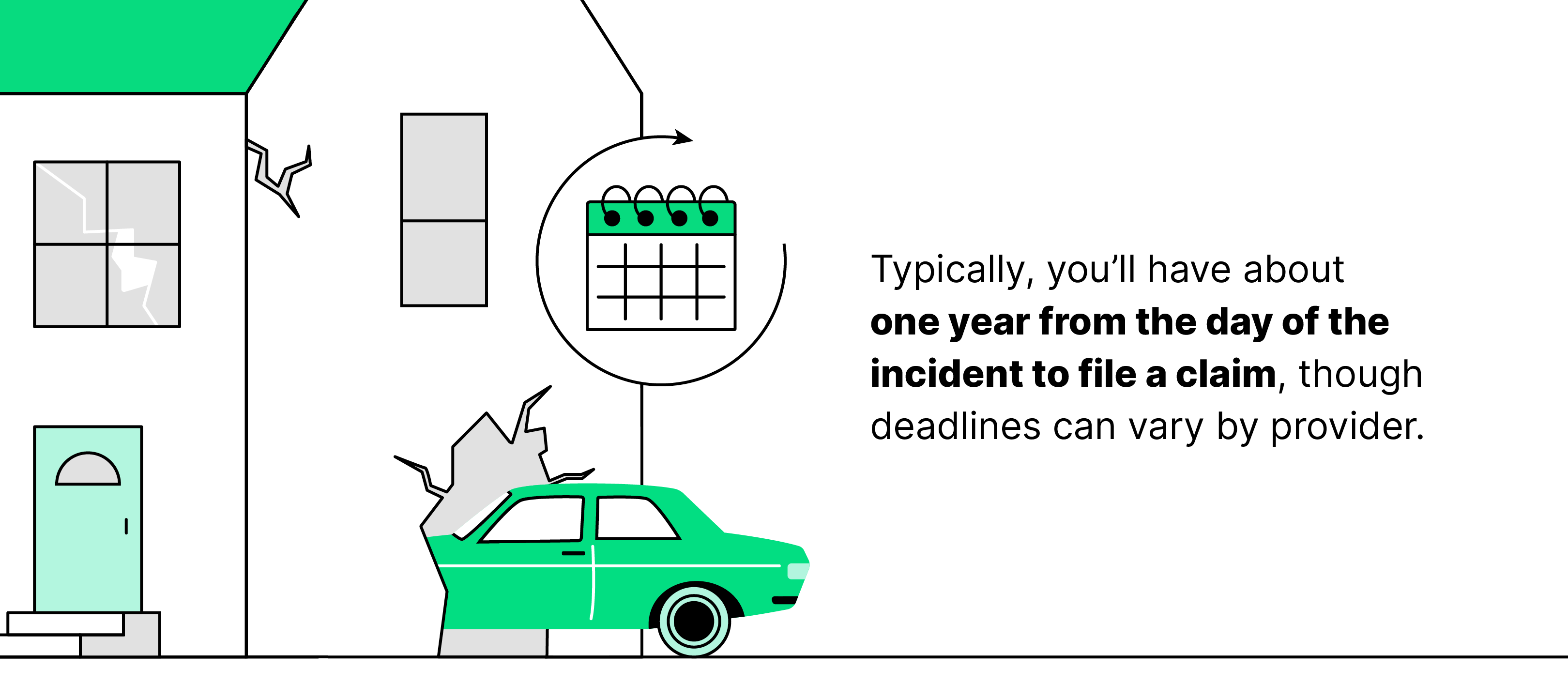 Illustration of a car crashed into a home with a calendar above it